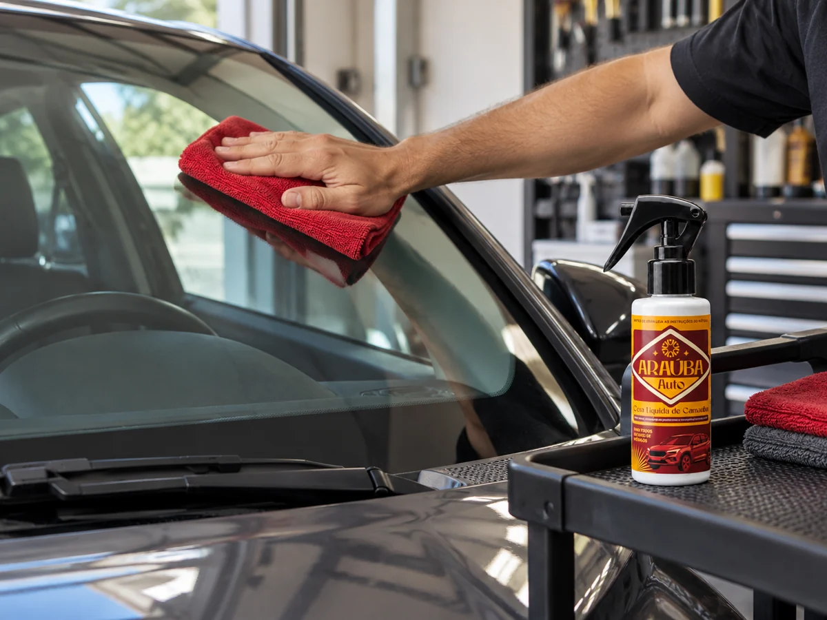 Aplicação com microfibra no para-brisa de carro parado, com Araúba Auto 120 ml ao lado.
