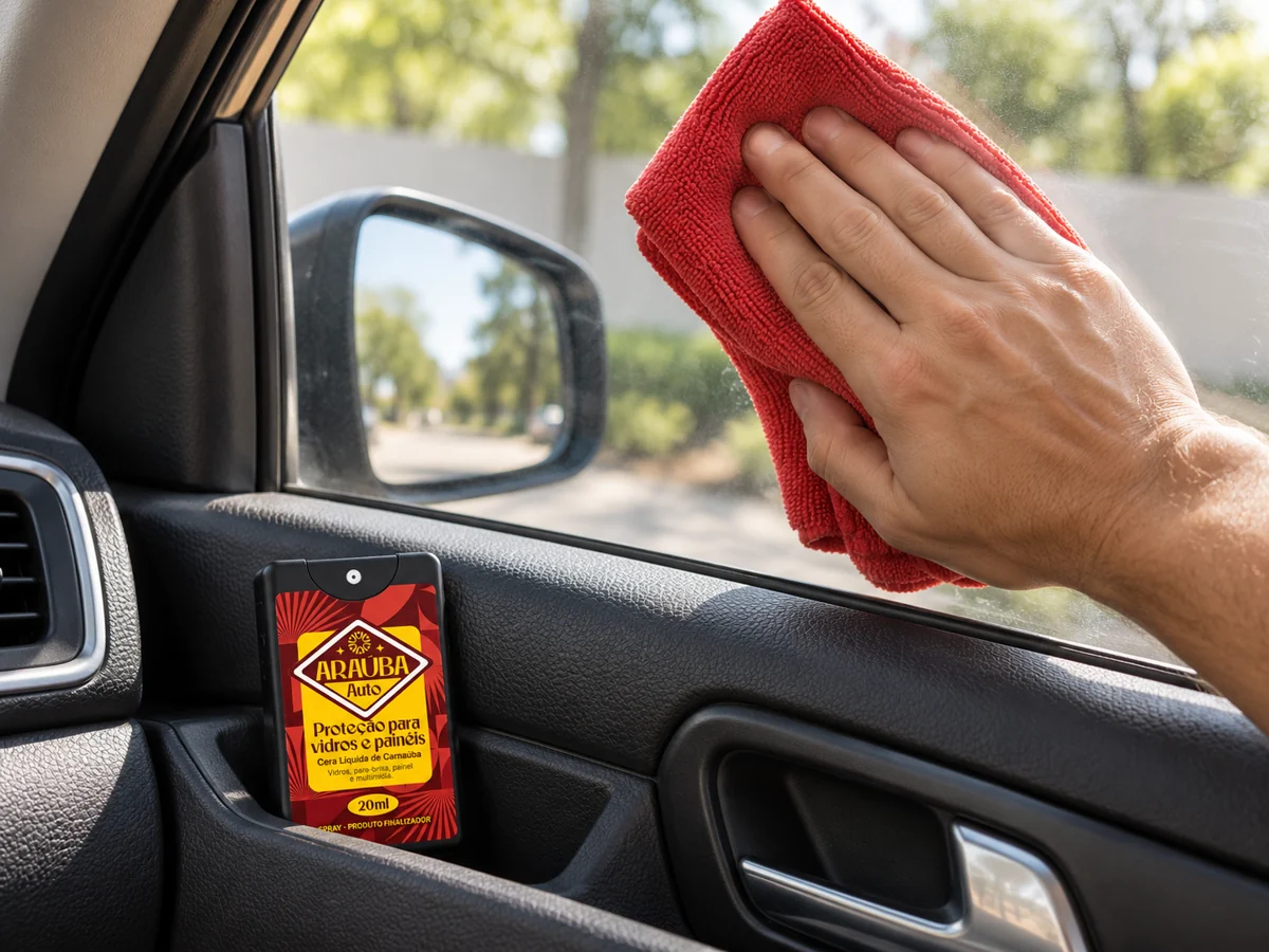 Aplicação com microfibra no vidro lateral de carro parado, com Araúba Auto 20 ml ao lado.