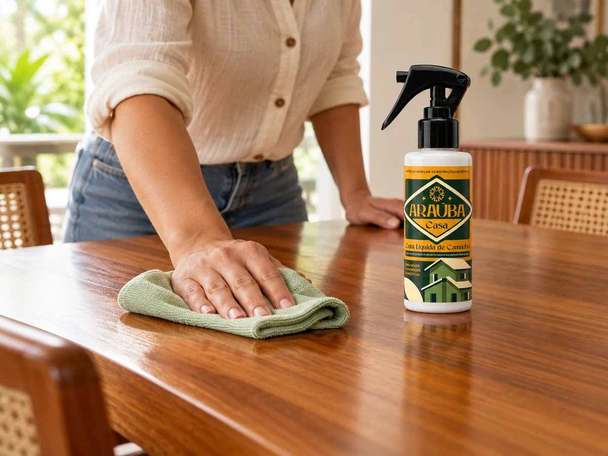 Aplicação com microfibra em mesa de madeira, com Araúba Casa 120 ml ao lado.