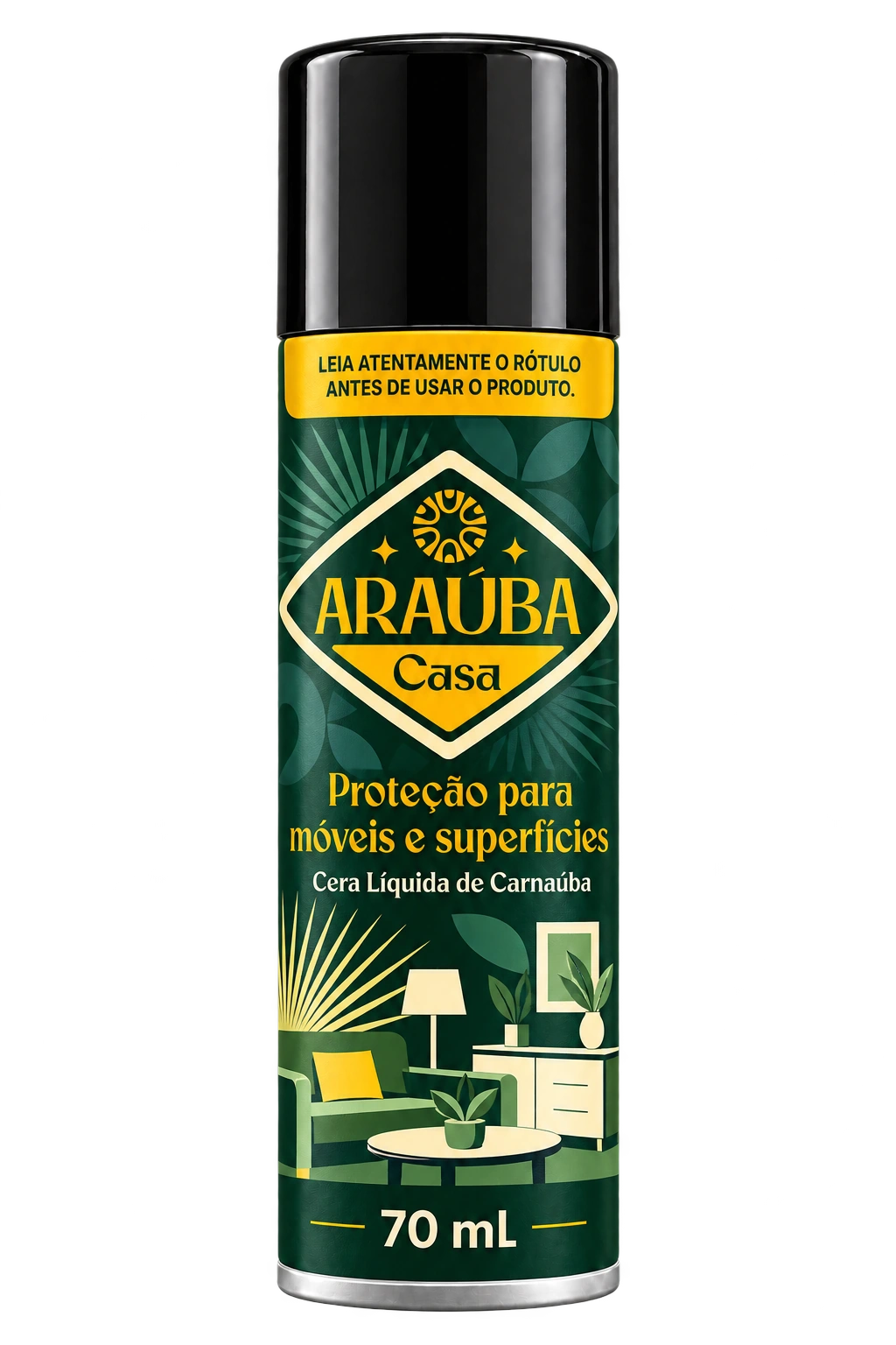 Araúba Casa 70 ml, latinha de spray com tampa preta.