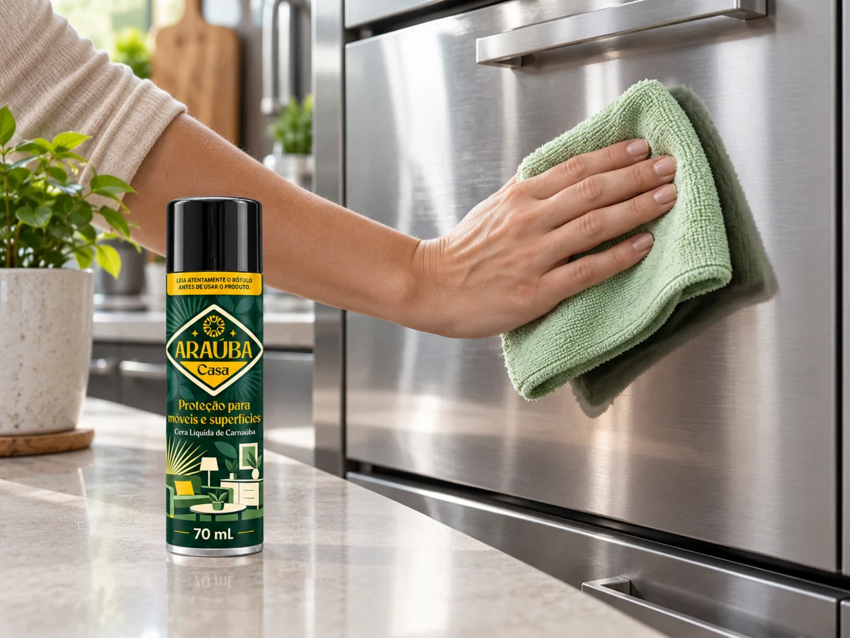 Aplicação com microfibra em superfície de inox, com Araúba Casa 70 ml ao lado.