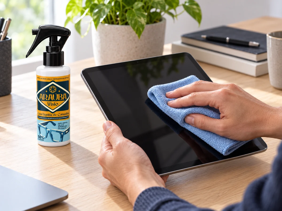 Aplicação com microfibra na tela de tablet desligado, com Araúba Visio 120 ml ao lado.